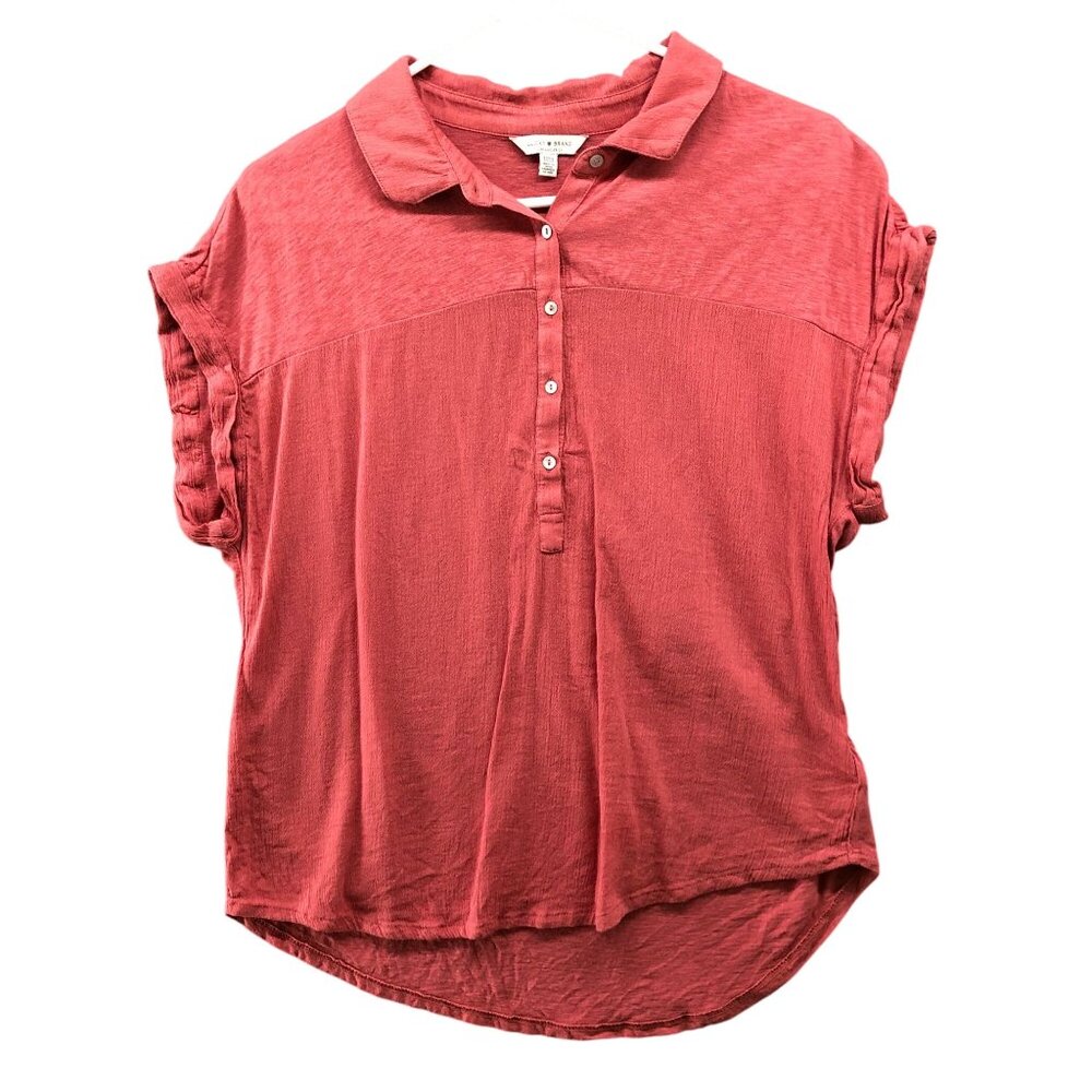 Lucky Brand Popover Top Womens M Short Sleeve Coral‎ Collared Lightweight